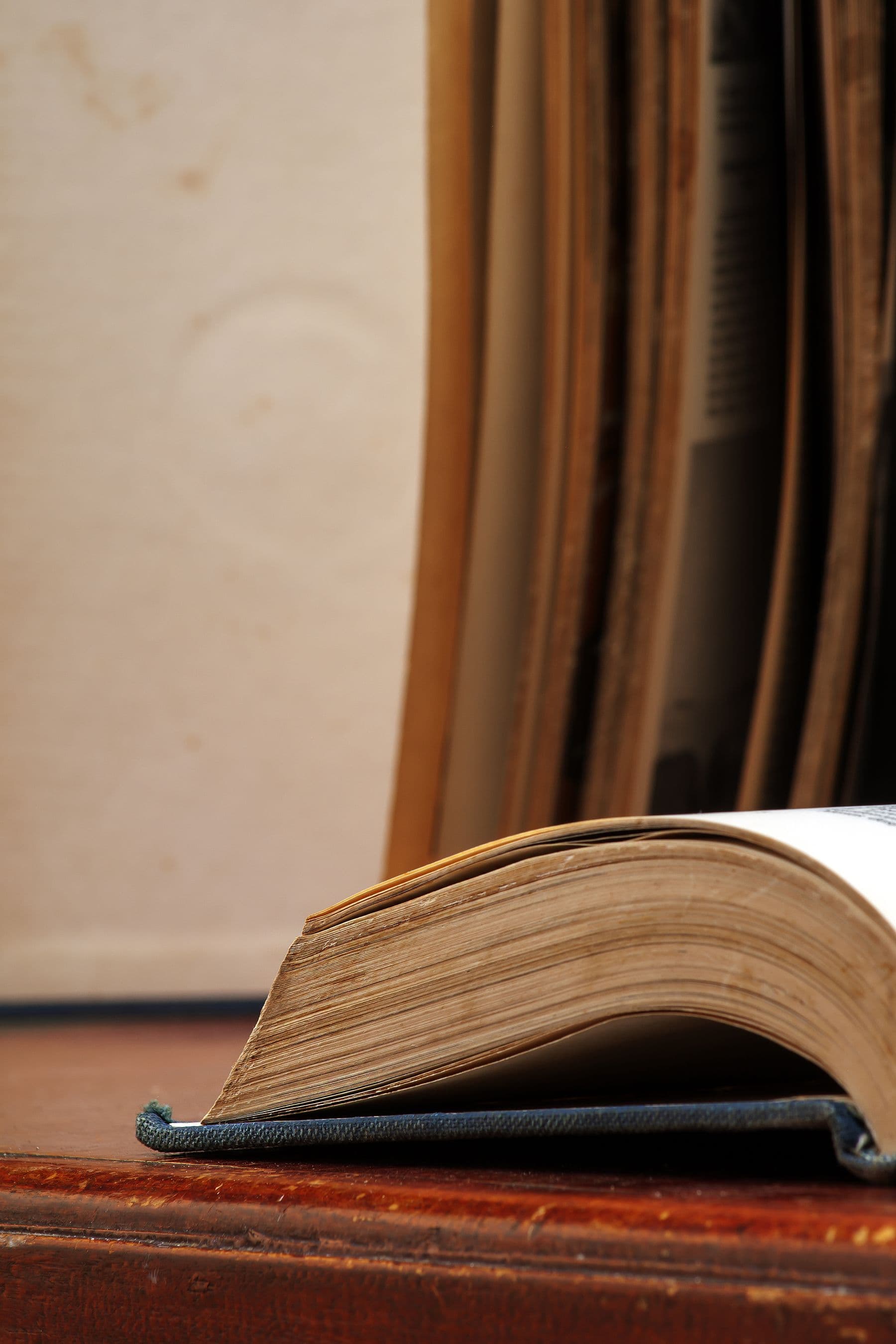 The open pages of a well-used book in warm light.