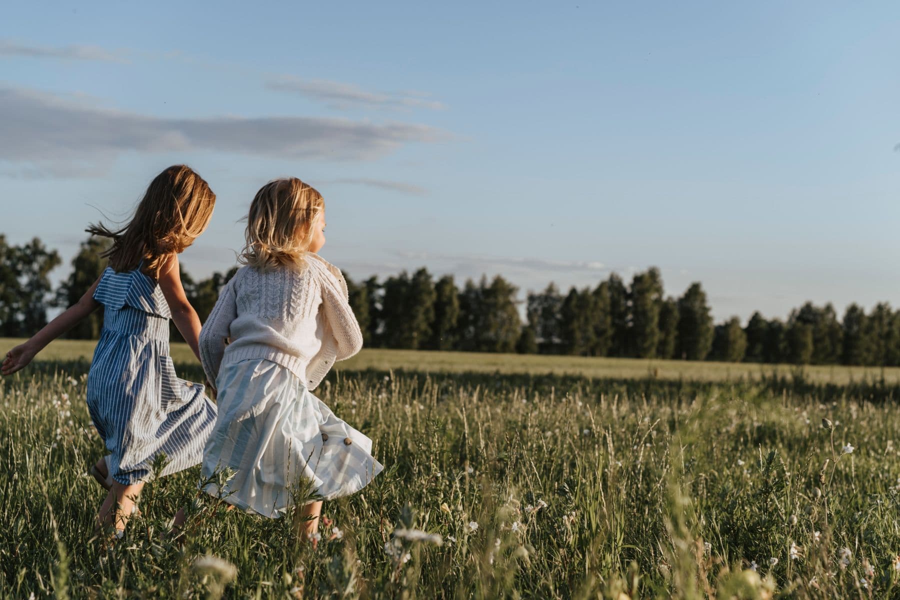 Two children walking together through tall grass, seen from behind.